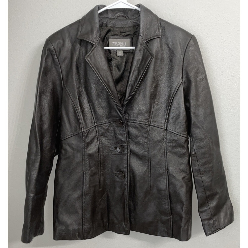 Womens M Wilsons Dark Brown Leather Button Front Jacket Blazer with nylon lining